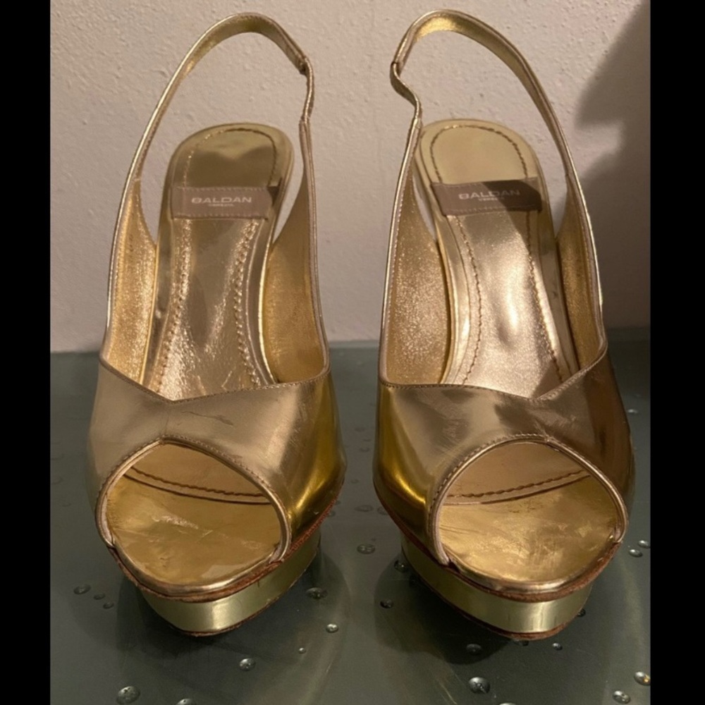 Baldan Gold Leather Open Toe Platform Slingback Stiletto Heels Size 7.5 37.5